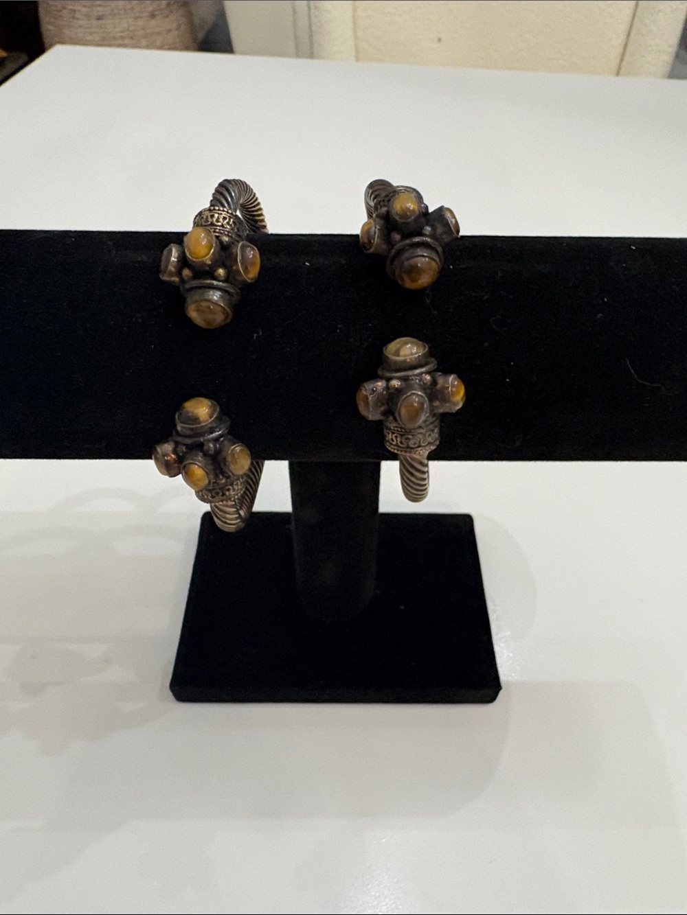 Vintage Tribal Silver Plated Cable Cuff Bracelets-2 Bangle Torque with Tiger Eye